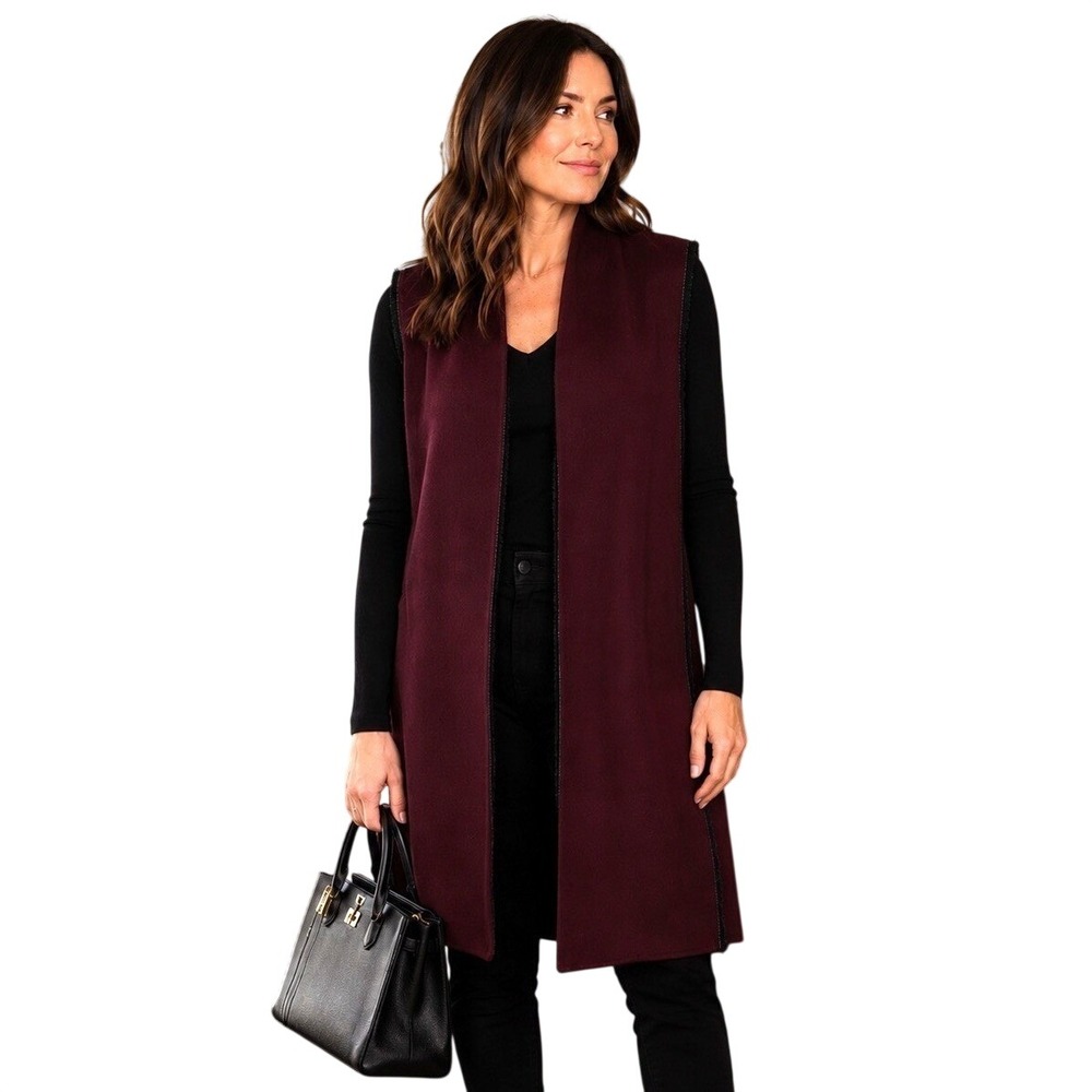 Neiman‎ Marcus Cashmere Burgundy Open Front Long Sleeveless Vest Luxury Large